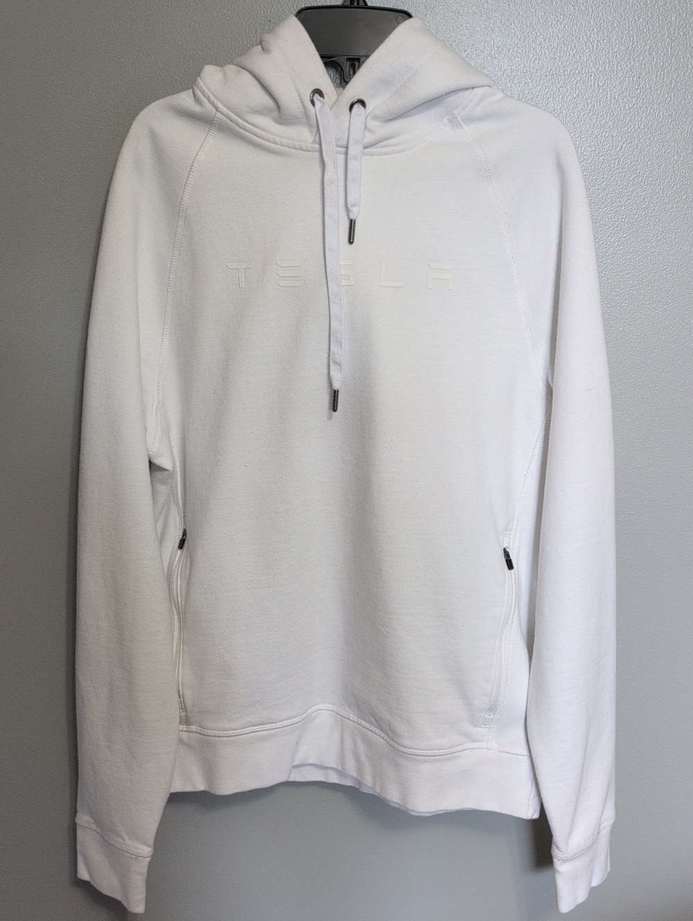 Tesla Core Hoodie White Pullover Front Zipper Pockets Embossed Logo Men Size Sm